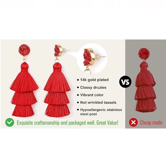 14K Yellow Gold with Burnt Orange Silk Thread Tassel and Quartz Druzy Earrings - Picture 8 of 9